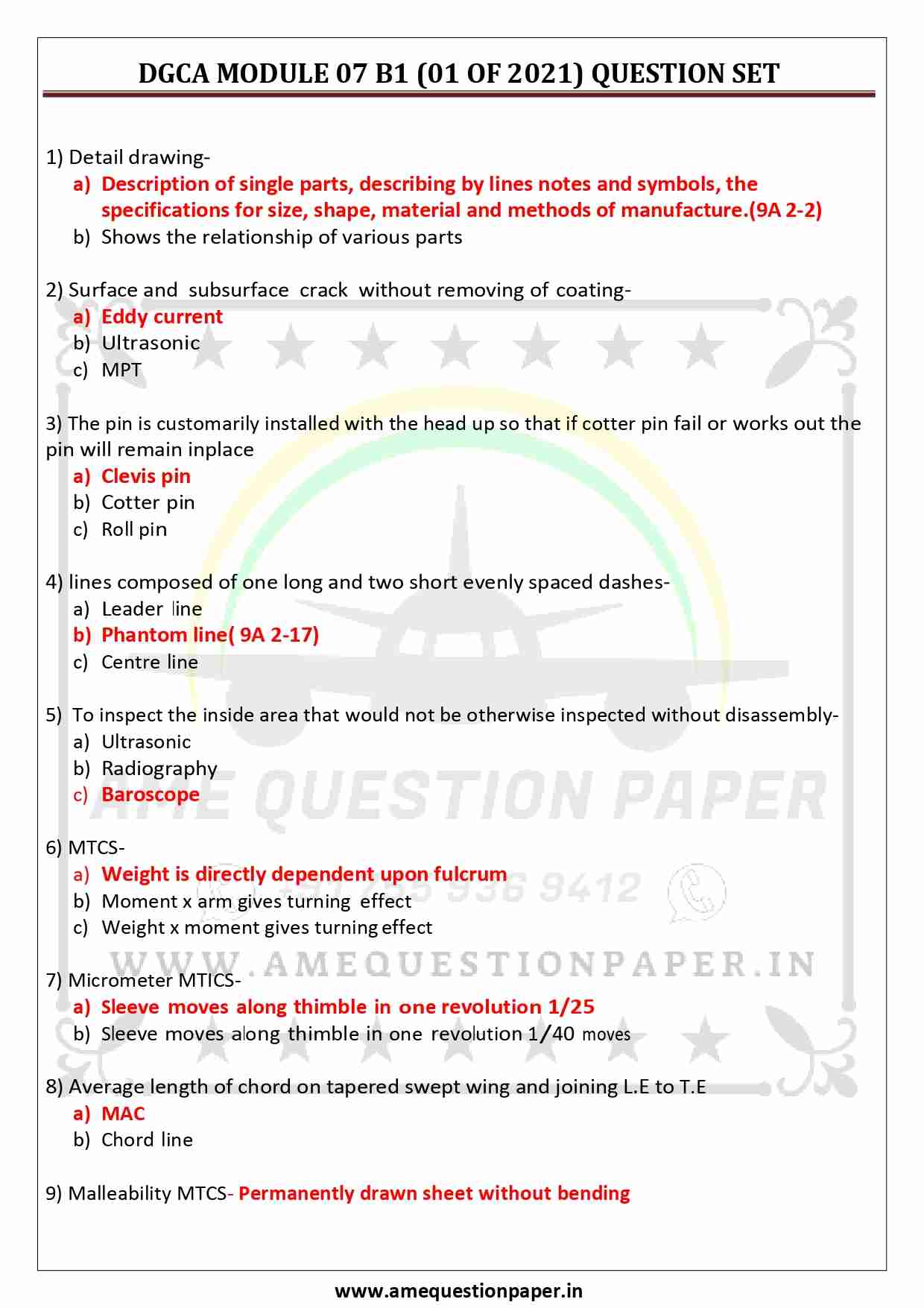 DGCA AME MODULE 7 B1 & B2 MAINTENANCE PRACTICES PREVIOUS QUESTION PAPER